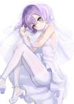  1girl azur_lane blue_eyes blush choker commentary detached_sleeves dress ears eyebrows_visible_through_hair hair_twirling javelin_(azur_lane) javelin_(blissful_june_bride)_(azur_lane) looking_at_viewer lying on_side open_mouth pantyhose purple_hair ribbon veil wedding_dress white_background white_footwear white_legwear white_ribbon yanagi_(hgkaikai) 