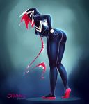  alien black_body breasts butt claws fangs female genitals gwenom humanoid marvel multicolored_body pussy simple_background smutbase solo spider-gwen symbiote tongue tongue_out two_tone_body white_body white_eyes 