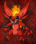  alien ambiguous_gender black_claws chest_tuft claws collar disney experiment_(lilo_and_stitch) fan_character fingers fire flaming_hair fur lilo_and_stitch metallicumbrage pseudo_hair red_body red_fur red_nose semi-anthro sharp_teeth signature smile solo spiked_collar spikes standing teeth toe_claws toes tuft white_eyes 