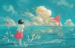  1girl arms_behind_back blue_sky brown_hair cloud day fjsmu flag from_behind hair_blowing hands_together highres horizon original outdoors red_skirt scenery shirt short_sleeves skirt sky solo standing standing_on_liquid tree_branch water white_shirt wind wind_lift 