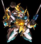  1boy black_background blue_eyes chibi dual_wielding holding holding_sword holding_weapon karakuri_kengou_den_musashi looking_up mecha mecha_request no_humans open_mouth solo sword taedu weapon yellow_sclera 