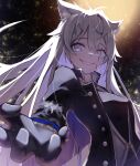  1girl absurdres animal_ear_fluff animal_ears arknights backlighting black_background black_gloves black_jacket buttons collared_jacket evil_grin evil_smile eyes_visible_through_hair from_below gloves grey_hair grin high_collar highres jacket lappland_(arknights) long_hair long_sleeves looking_at_viewer open_clothes open_jacket outstretched_arm purple_eyes reaching reaching_towards_viewer scar scar_across_eye scar_on_cheek scar_on_face smile solo upper_body wolf_ears wolf_girl worimehl 