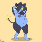  1:1 andromorph anthro baron_montesque belly black_body black_fur blue_body blue_fur butt felid feline fluffy fur genitals half-closed_eyes hi_res intersex inverted_nipples luxray male mammal narrowed_eyes navel nintendo nipples overweight overweight_anthro pok&eacute;mon pok&eacute;mon_(species) pussy scar solo standing stretching video_games 