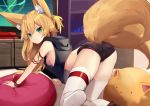  1girl animal_ear_fluff animal_ears blonde_hair breasts eyebrows_visible_through_hair fox_ears fox_girl fox_tail green_eyes hair_between_eyes hood hoodie kokonoe_tsubaki long_hair looking_at_viewer looking_back mouth_closed multiple_tails original short_shorts shorts sideboob sleeveless sleeveless_hoodie small_breasts tagme tail yoshizawa_tsubaki 