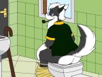  4:3 bathroom beard butt cane canid canine canis clothed clothing doggettdouglasmcdog eyewear facial_hair glasses hi_res male mammal pants_down partially_clothed sitting smoking_pipe solo toilet underwear wolf 