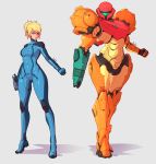  1girl arm_cannon blonde_hair blue_eyes bodysuit breasts clenched_hand english_commentary grey_background gun handgun highres holding holding_gun holding_weapon looking_at_viewer metroid multiple_views pistol power_armor redesign ruben_menzel samus_aran short_hair skin_tight small_breasts standing tied_hair varia_suit weapon zero_suit 