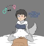  2019 abs anthro bed blue_eyes blush bottomless breasts canid canine canis clothed clothing costume cowgirl_position dialogue duo english_text faceless_male female female_on_top female_penetrated fur furniture fursuit gender_transformation genitals grey_background grey_body grey_fur grey_hair hair human kneeling light_skin lying male male/female male_on_bottom male_penetrating male_penetrating_female mammal megazone23 meter navel nude on_back on_bed on_bottom on_top penetration penis pubes pussy sex simple_background species_transformation suit_transformation tailwag tan_body tan_skin text transformation tube_top vaginal vaginal_penetration white_body white_fur wolf 