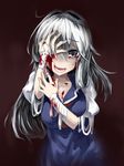  akitsuchi_shien bandages blood bloody_tears highres image_sample kamishirasawa_keine long_hair pixiv_sample silver_hair solo touhou 