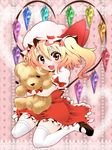  :3 alternate_wings blonde_hair doll doll_hug fang flandre_scarlet gradient_hair happy hat heart heart_wings highres multicolored_hair open_mouth ponytail red_eyes short_hair side_ponytail sitting smile solo spring_(object) stuffed_animal stuffed_toy teddy_bear thighhighs touhou wariza warugaki_(sk-ii) white_legwear wings 