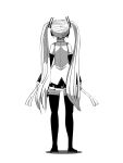  1girl boots detached_sleeves dual_wielding facing_away food full_body greyscale hatsune_miku highres holding holding_food holding_vegetable long_hair monochrome nippori_honsha pleated_skirt shadow shirt simple_background skirt solo spring_onion thigh_boots twintails vegetable very_long_hair vocaloid white_background 