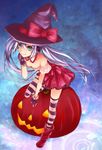  alternate_costume bad_id bad_pixiv_id bare_shoulders blue_eyes boots bow breasts cat cleavage fang halloween hat hatsune_miku highres jack-o'-lantern long_hair looking_up pumpkin purple_hair roku_(hikokeng) small_breasts solo striped striped_legwear thighhighs twintails very_long_hair vocaloid witch_hat zettai_ryouiki 