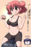  :p bad_id bad_pixiv_id bike_shorts blue_hair breasts celebi_ryousangata cleavage double_bun food glasses hidamari_sketch hiro ice_cream large_breasts multiple_girls musical_note plump red_eyes red_hair riding_machine sae spoon sports_bra tongue tongue_out translated 