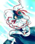  blue_hair frills hat kinosaki nagae_iku red_eyes ribbon shawl short_hair solo touhou 