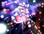  bat_wings blonde_hair blue_hair clock clock_tower elbow_gloves english flandre_scarlet flying gloves halloween happy_halloween hat jack-o'-lantern looking_at_viewer multiple_girls pumpkin red_eyes remilia_scarlet ryosios scarlet_devil_mansion short_hair siblings sisters smile striped striped_legwear thighhighs top_hat touhou tower wings witch_hat 