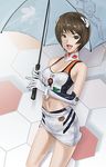  ayanami_rei ayanami_rei_(cosplay) brown_eyes brown_hair cosplay elbow_gloves gloves highres ikari_yui konta midriff miniskirt neon_genesis_evangelion original pencil_skirt race_queen short_hair skirt solo umbrella 