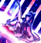  bow dress dutch_angle green_eyes hair_bow kagomesarrow legs long_hair multicolored_hair panty_&amp;_stocking_with_garterbelt sitting sock_pull solo stocking_(psg) striped striped_legwear thighhighs two-tone_hair very_long_hair 