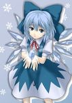  abo_(hechouchou) blue_eyes blue_hair bow cirno face floating floating_object hair_bow highres ice looking_up open_hands simple_background snowflakes solo touhou wings 