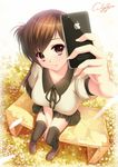  :p bench breasts brown_eyes brown_hair caidychen cellphone flower from_above iphone large_breasts legs long_hair original perspective phone product_placement school_uniform signature smartphone solo thighhighs tongue tongue_out 