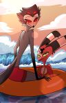 anthro arm_tuft avian beach bird bird_demon blitzo_(helluva_boss) cloud demon duo helluva_boss hi_res horn humanoid imp inflatable_ride looking_at_viewer male male/male owl owl_demon rear_view shirtless shirtless_male shoulder_tuft sky stolas_(helluva_boss) tail teathekook tuft water wave