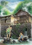  3boys architecture basket brown_hair child cloud crab day dog dress east_asian_architecture fishing_net fishing_rod forest grass highres house multiple_boys multiple_girls nature original plant potted_plant rock running rural sandals shite_kudasai shorts sitting sky stairs standing stone_wall striped tank_top tree wall water waterfall 