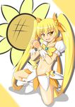  blonde_hair boots cure_sunshine flower hair_ribbon heart heartcatch_precure! kneeling long_hair magical_girl midriff myoudouin_itsuki navel precure ribbon skirt solo sunflower twintails yellow_eyes yuuki_shougo 