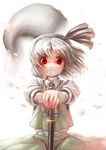  danbo_(rock_clime) ghost glaring hairband hands_on_hilt katana konpaku_youmu konpaku_youmu_(ghost) looking_at_viewer red_eyes short_hair silver_hair solo sword touhou weapon 