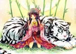  bamboo bamboo_forest brown_hair forest hair_ornament houraisan_kaguya kneeling long_hair namie-kun nature red_eyes solo tiger touhou white_tiger 