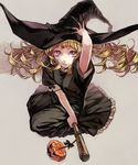  bad_id bad_pixiv_id blonde_hair broom broom_riding copyright_request curly_hair flying halloween hand_on_headwear hat jack-o'-lantern lips popompon pumpkin purple_eyes riding sidesaddle solo witch witch_hat 