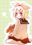  bad_id bad_pixiv_id blonde_hair blush hair_ornament hairclip heart kagamine_rin looking_back ryou_(fallxalice) smile solo vocaloid 