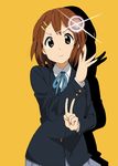  brown_eyes brown_hair ebibaachan face fountain_pen highres hirasawa_yui k-on! pen pose school_uniform short_hair solo v 