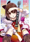  bad_id bad_pixiv_id bandaid bandaid_on_knee between_legs blush boots bow bracelet brown_eyes brown_hair casual coat collarbone cup cushion electric_guitar fringe_trim fur_collar guitar hair_bow hair_ornament hair_ribbon hairclip heart heart_pillow hirasawa_yui instrument jacket jewelry k-on! knee_boots necklace off_shoulder pearl_bracelet pearl_necklace pillow ribbon short_hair solo sparkle tea teacup teapot uzura_yuuno 