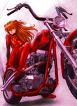  blue_eyes bodysuit boyaking grin ground_vehicle highres long_hair motor_vehicle motorcycle neon_genesis_evangelion nerv on_motorcycle orange_hair plugsuit shikinami_asuka_langley sitting smile solo souryuu_asuka_langley 