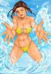  :d bandeau bikini breasts brown_eyes brown_hair cleavage foreshortening hands highres large_breasts navel one_eye_closed open_mouth outstretched_hand rio_meilong shiny shiny_clothes shiny_skin shu-z smile solo splashing string_bikini super_robot_wars super_robot_wars_original_generation swimsuit wading water 