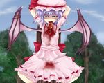  arms_up bat_wings bdsm blood blush bow colored_eyelashes eyelashes frills guro hat impaled lavender_hair non-web_source open_mouth red_eyes remilia_scarlet shimo_(depthbomb) short_hair skirt solo tears touhou wings 