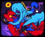 accessory animal_humanoid blue_body blue_teeth blush bodily_fluids body_blush breast_grab breasts breath claws enjoying fangs forked_tongue french_kissing frilled_penis gastropod gastropod_humanoid gem genital_fluids genitals gold_(metal) gradient_limbs gradient_penis gynomorph hair_accessory hand_on_breast hand_on_leg happy happy_sex head_tuft heart_symbol herm hip_wings holding_cheek holding_waist horn humanoid imp intersex intersex/intersex kissing kneeling kurio_(mutedeclipse) lidded_eyes markings membrane_(anatomy) membranous_wings mole_(marking) mollusk mollusk_humanoid monster monstrous_humanoid mutedeclipse nipples nonbinary_(lore) on_one_knee ora_(mutedeclipse) penis precum prehensile_penis pseudo_hair pubes purple_background red_body sex simple_background size_difference slug slug_humanoid speech_bubble spiked_penis spikes spikes_(anatomy) teeth tentacle_around_neck tentacle_hair tentacles tongue tuft vaginal_fluids webbed_hands wings