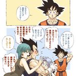  2boys 2girls aqua_hair black_eyes blush bulma comic dragon_ball dragon_ball_z earrings father_and_son green_hair grin hand_behind_head husband_and_wife jewelry lowres mother_and_son multiple_boys multiple_girls open_mouth profile purple_eyes purple_hair short_hair smile son_gokuu sweatdrop translated trunks_(dragon_ball) vegeta yorozu 