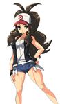  baseball_cap black_hair denim denim_shorts exposed_pocket hand_on_hip hat long_hair nekomamire pokemon pokemon_(game) pokemon_bw shorts simple_background solo touko_(pokemon) white_background 