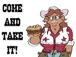 ally_tinhorn anthro bbqnboots40 belt_buckle big_breasts bovid bovine breasts brown_hair buckle burger cattle chaps clothing come_and_take_it cowboy_hat ear_piercing ear_ring female female/female food furrowed_brow grease hair hat headgear headwear hi_res looking_at_viewer mammal piercing ring_piercing simple_background slightly_chubby slightly_chubby_female smile smiling_at_viewer smirk smirking_at_viewer solo texas text united_states_of_america western wide_hips