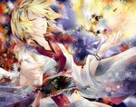  alternate_costume blonde_hair closed_eyes collarbone floating_hair hair_ornament hairclip japanese_clothes kagamine_rin kimono moon obi parted_lips ribbon sash short_hair solo tyouya vocaloid white_kimono white_ribbon wrist_ribbon yukata 