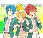  2boys agemaki_wako ar_(rikuesuto) blue_hair closed_eyes multiple_boys prez_(star_driver) red_eyes red_hair school_uniform shindou_sugata short_hair southern_cross_academy_uniform star_driver tsunashi_takuto 