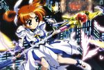  absurdres bow brown_hair city explosion fingerless_gloves gloves hair_bow highres lyrical_nanoha mahou_shoujo_lyrical_nanoha mahou_shoujo_lyrical_nanoha_the_movie_1st night non-web_source official_art ookaji_hiroyuki purple_eyes raising_heart short_twintails solo takamachi_nanoha torn_clothes twintails 