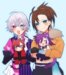  4boys :3 absurdres ahoge animal_ears banzoin_hakka banzoin_hakka_(1st_costume) beard_stubble black_gloves blush brown_hair cat_boy cat_ears cat_tail closed_eyes coat diamond_choker earrings english_commentary facial_hair fang fur-trimmed_jacket fur_trim gavis_bettel gavis_bettel_(1st_costume) gloves gradient_skin hair_between_eyes hakama happy heterochromia highres holostars holostars_english jacket japanese_clothes jewelry josuiji_shinri long_hair long_sleeves looking_at_viewer machina_x_flayon machina_x_flayon_(1st_costume) male_focus multicolored_coat multicolored_hair multiple_boys open_mouth ponytail purple_hair purple_hakama red_hair red_jacket short_hair smile striped_coat stubble tail tassel tassel_earrings upper_body virtual_youtuber yonyo_(kskr0711) 