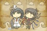  akihiyo anchor ascot asymmetrical_wings black_hair blush_stickers character_name chibi english green_eyes hat hishaku houjuu_nue looking_up multiple_girls murasa_minamitsu polearm sailor sailor_hat short_hair smile snake standing star touhou trident ufo water waves weapon wings 