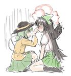  2girls black_hair black_socks blouse blush bow closed_eyes fechirin green_hair green_skirt komeiji_koishi multiple_girls nose_pinch profile reiuji_utsuho shirt sitting sketch skirt sneezing socks squatting touhou trembling wariza wings 