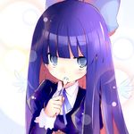  blue_eyes bow fork lowres panty_&amp;_stocking_with_garterbelt purple_hair ribbon shichinose solo sparkle stocking_(psg) wings 