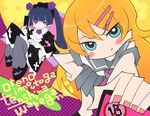  bad_id bad_pixiv_id black_hair blonde_hair blush_stickers card cross dress flower gokou_ruri gothic_lolita hair_ornament hairband hairclip hand_on_hip holding holding_card kousaka_kirino lolita_fashion long_hair look-alike mijinkouka multicolored_hair multiple_girls ore_no_imouto_ga_konna_ni_kawaii_wake_ga_nai panty_&amp;_stocking_with_garterbelt pantyhose parody pleated_skirt purple_flower purple_rose rose school_uniform skirt style_parody two-tone_hair 