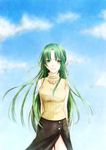  aikawa_mutsuki bad_id bad_pixiv_id breasts day green_eyes green_hair higurashi_no_naku_koro_ni long_hair medium_breasts ribbon side_slit skirt sky smile solo sonozaki_shion 