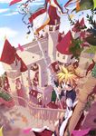  blue_eyes castle confetti crown flag gloves hekicha highres kagamine_len male_focus open_mouth ponytail school_uniform serafuku shorts solo stairs vocaloid white_gloves 