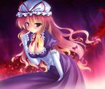  blonde_hair blush breasts choker cleavage corset elbow_gloves eyes frilled_gloves frills gloves hair_ribbon hat highres large_breasts long_hair mob_cap purple_eyes ribbon solo takeponi touhou white_gloves yakumo_yukari 