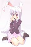 animal_ears arata_toshihira blazer blurry blush bunny_ears depth_of_field hands_clasped jacket lavender_hair long_hair looking_up necktie own_hands_together red_eyes reisen_udongein_inaba sitting socks solo touhou very_long_hair wariza 